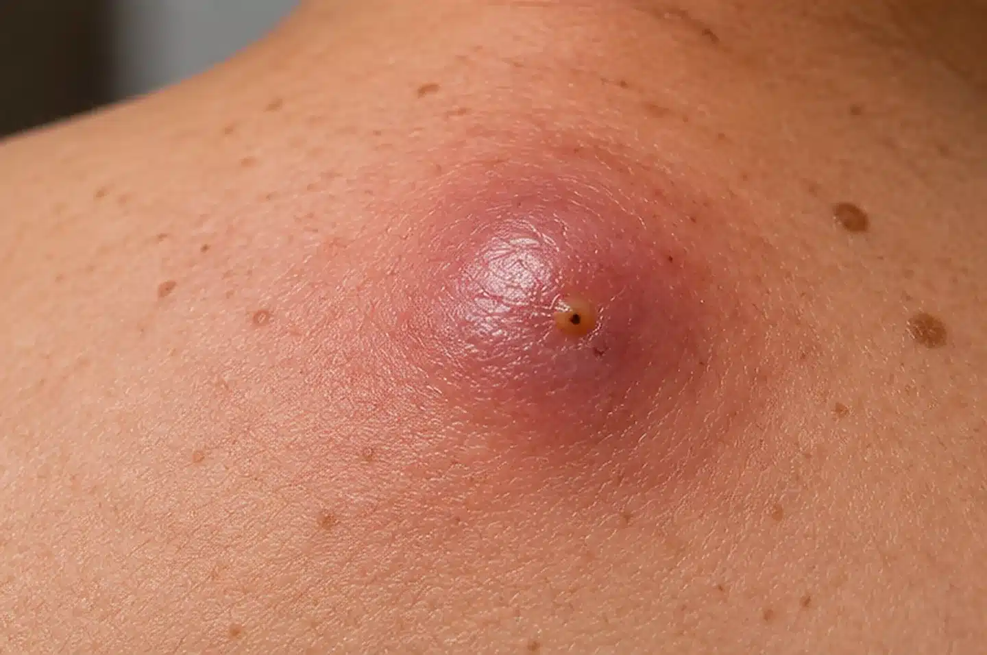 Cisto epidermoide inflamado no dorso, com nódulo avermelhado e ponto central.