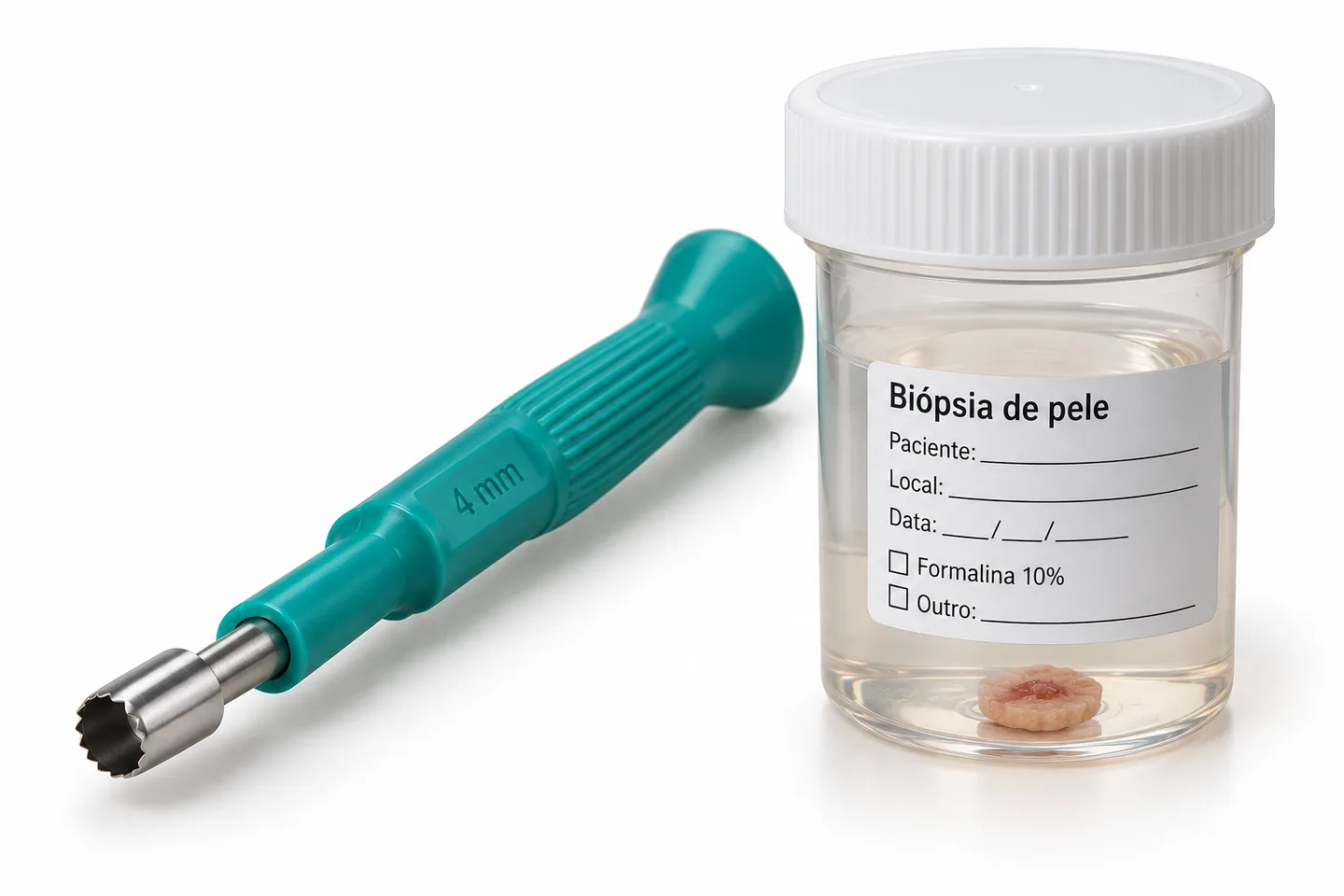 Punch dermatológico e frasco com formalina para conservação de amostra de biópsia de pele.