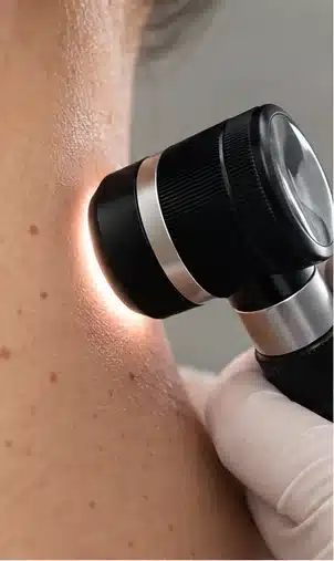 Exame aproximado da pele com dermatoscópio e mãos enluvadas; ilustração sintética, sem paciente real.