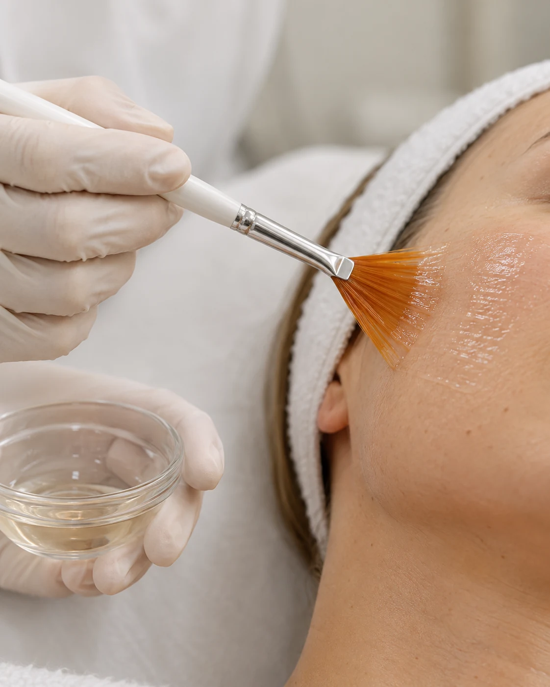 Ilustração gerada por IA de uma profissional aplicando uma solução com pincel na pele facial; não representa paciente real nem procedimento realizado pelo Dr. Augusto Galvão.