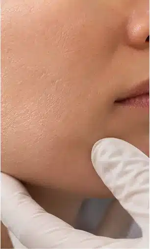 Avaliação dermatológica aproximada da pele facial com mãos enluvadas; ilustração sintética, sem paciente real.