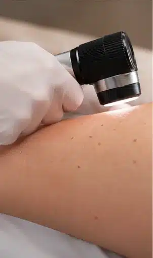 Exame aproximado da pele com dermatoscópio em atendimento domiciliar; ilustração sintética, sem paciente real.