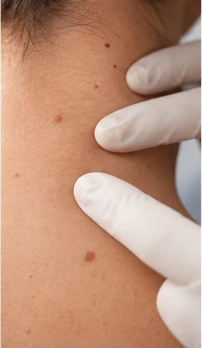 Avaliação dermatológica aproximada de uma pinta com mãos enluvadas; ilustração sintética, não é caso clínico nem referência diagnóstica.