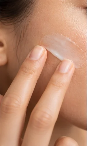 Aplicação ilustrativa de hidratante em pele facial, em close; cena sintética, sem paciente real.