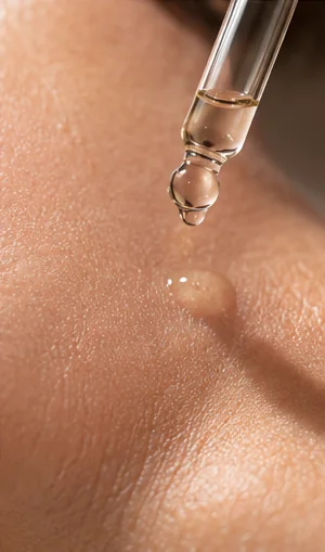 Conta-gotas aplicando sérum sobre a pele em close; ilustração sintética, sem paciente real.