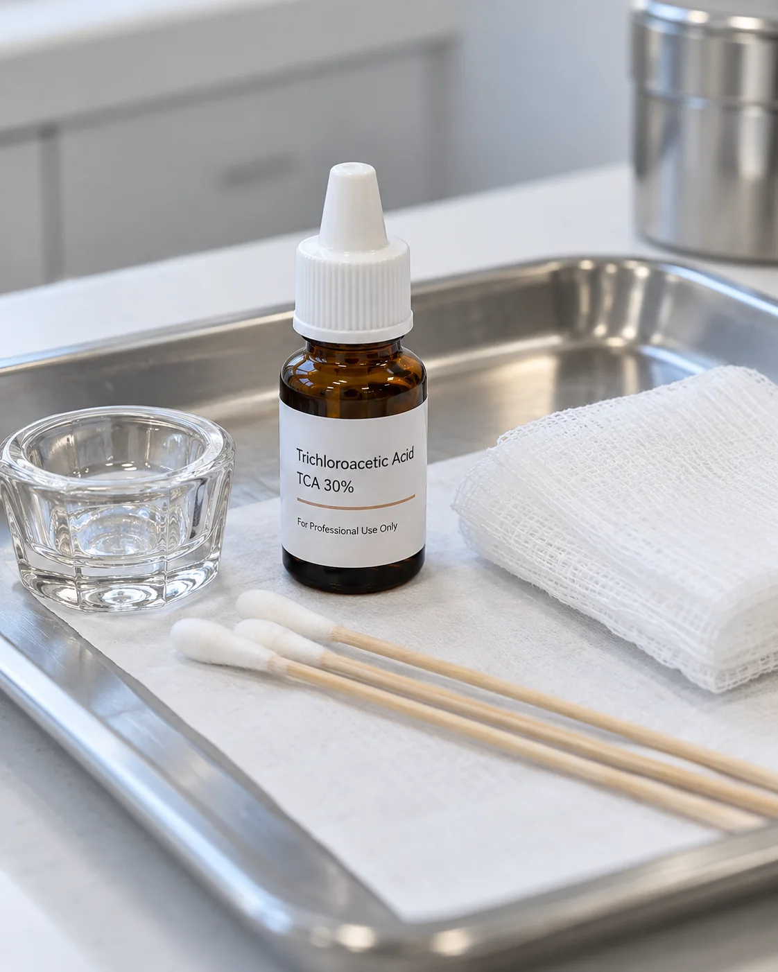 Bandeja de preparação com frasco sintético rotulado “Trichloroacetic Acid — TCA 30%”. Ilustração gerada por IA; o frasco não representa produto ou concentração utilizados no consultório do Dr. Augusto Galvão.