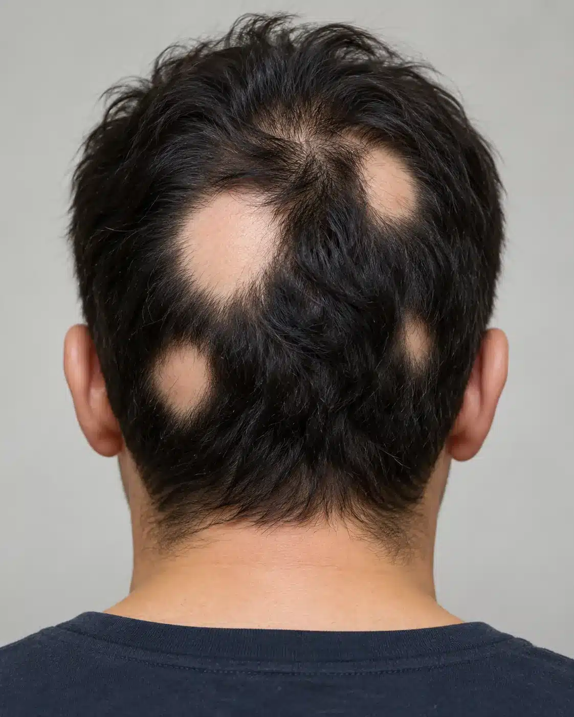 Regiões arredondadas sem cabelo no couro cabeludo, sugestivas de alopecia areata.