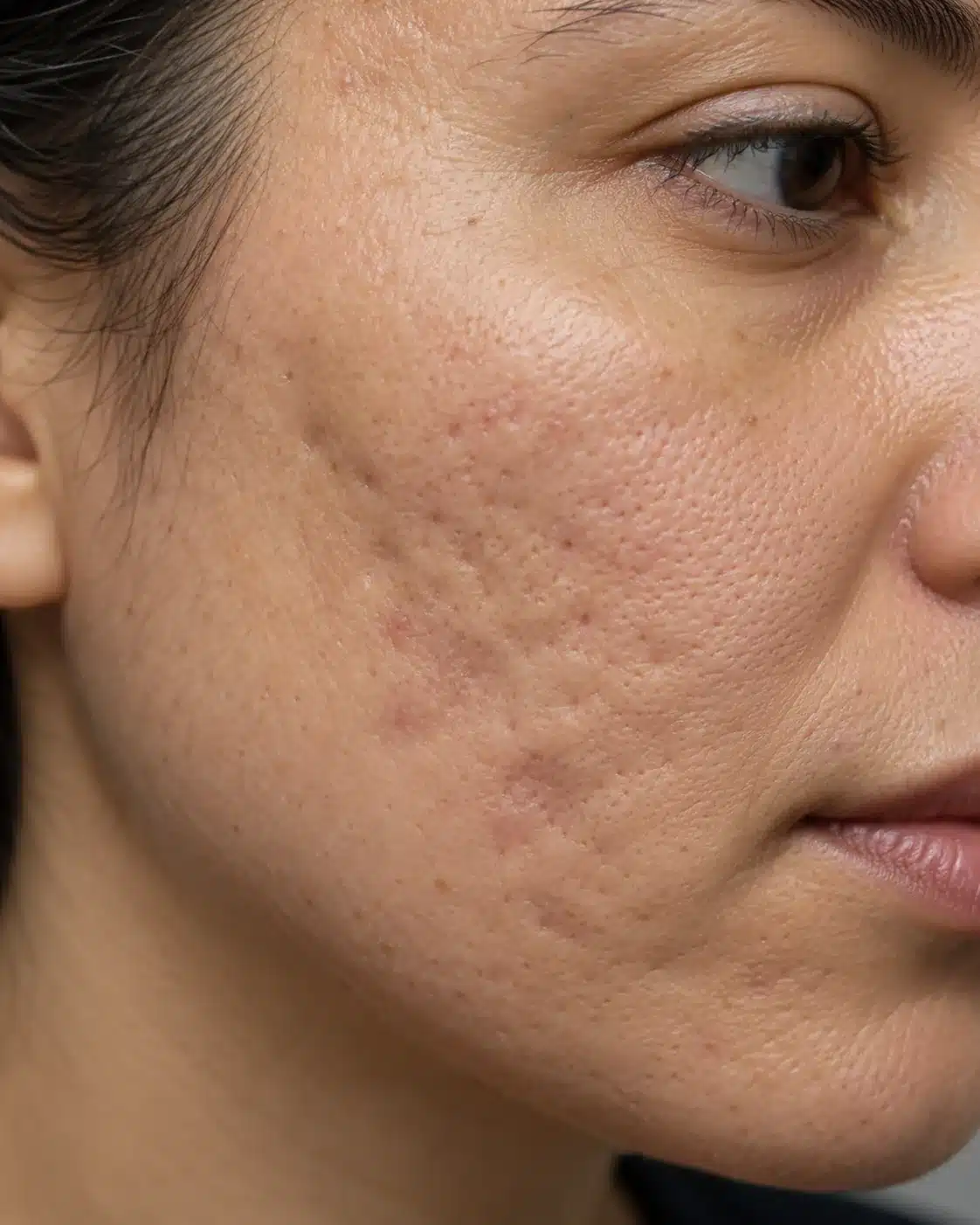Bochecha com cicatrizes de acne deprimidas do tipo rolling, avaliadas para subcisão.