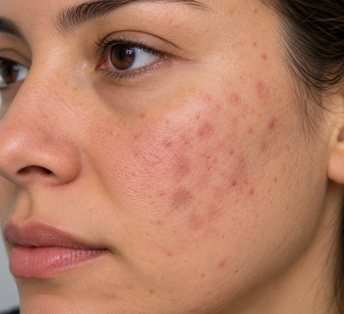 Marcas avermelhadas residuais na bochecha após melhora da acne, aspecto de eritema pós-inflamatório