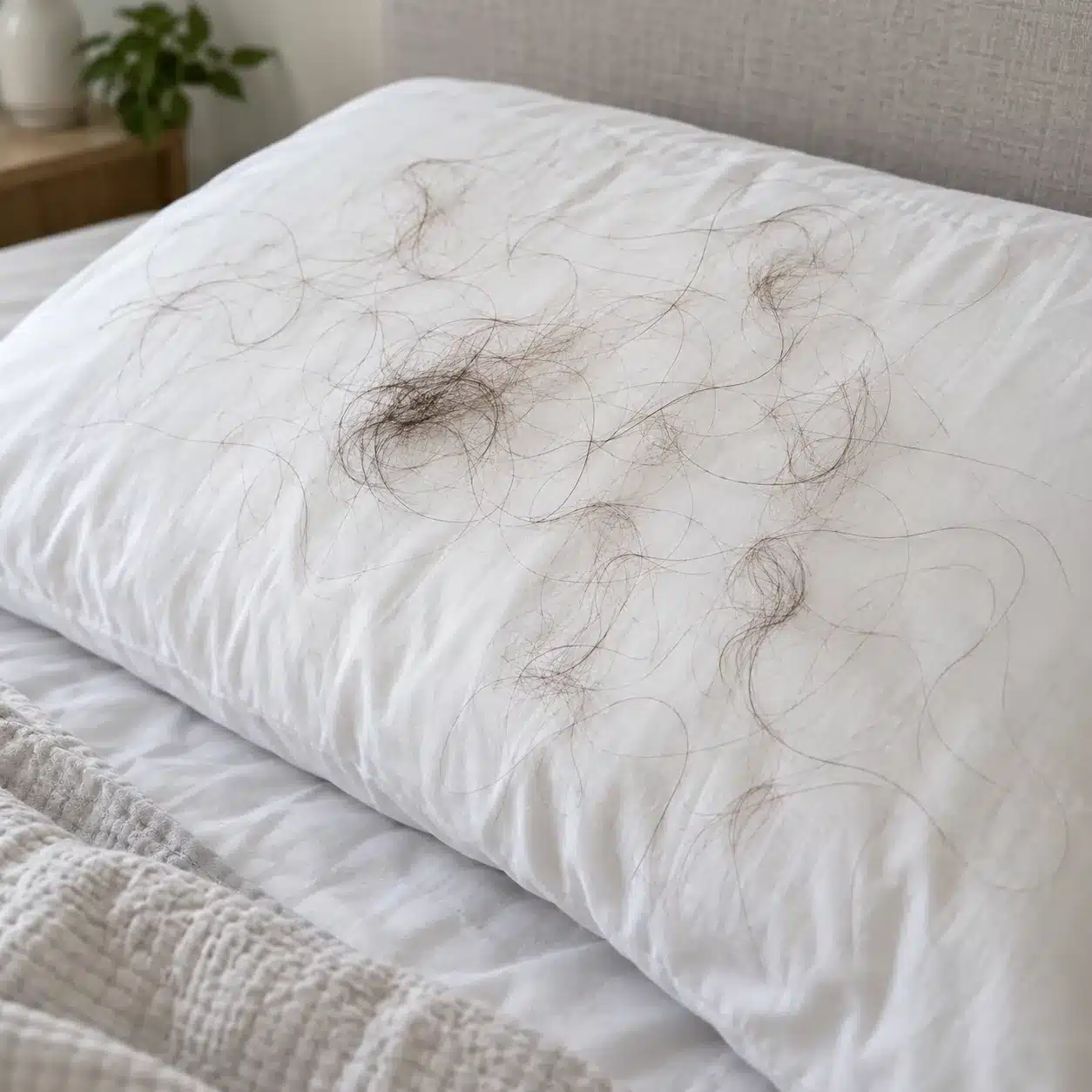Fios de cabelo soltos sobre travesseiro branco, ilustrando queda difusa no eflúvio telógeno.