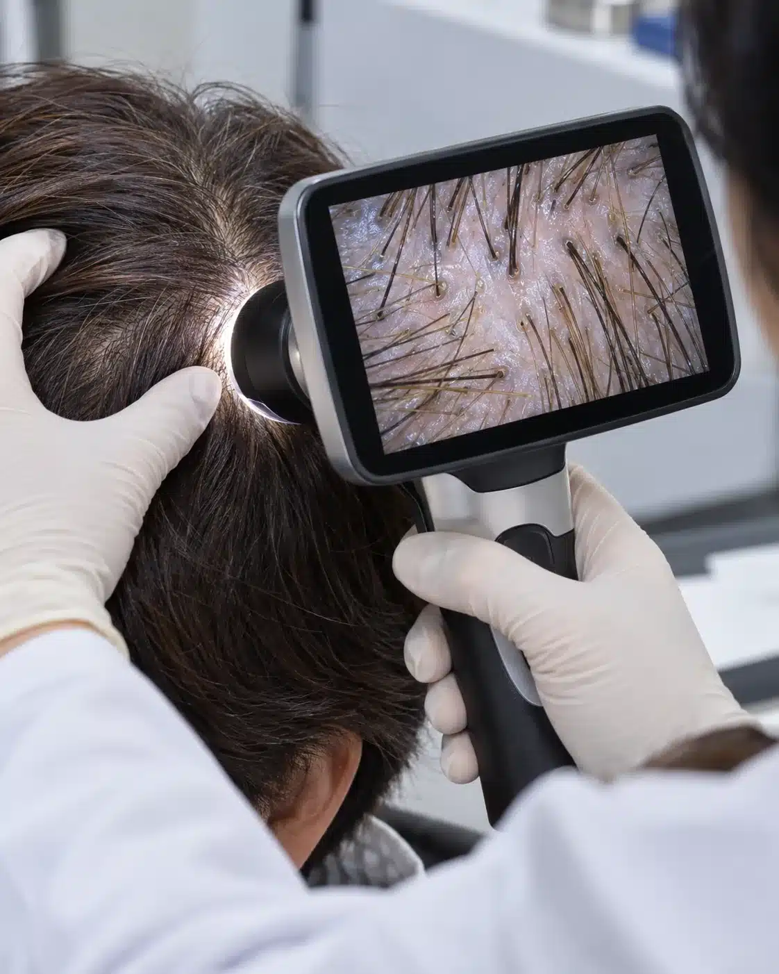 Dermatoscópio digital ampliando o couro cabeludo e os fios de cabelo durante tricoscopia.