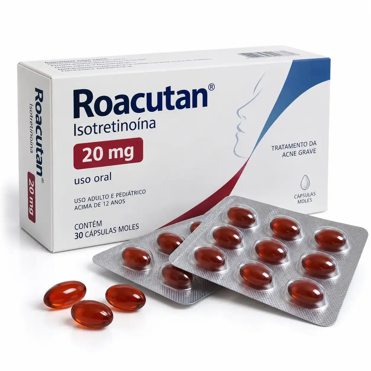 Embalagem ilustrativa de isotretinoína Roacutan com cápsulas para tratamento da acne.