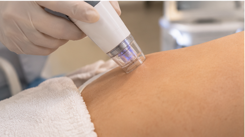 Aplicador dermatológico em contato com a pele da região corporal.