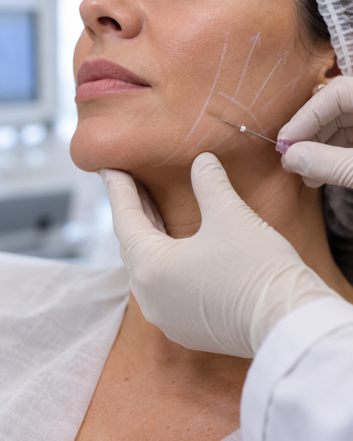 Procedimento de lifting facial minimamente invasivo em clínica dermatológica