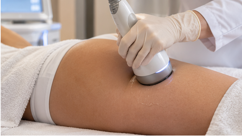Aplicador dermatológico em contato com a região abdominal.