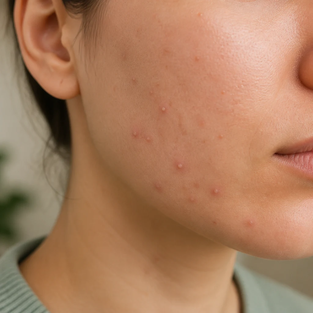 Imagem ilustrativa gerada por IA: rosto fictício com pústulas sugestivas de acne.