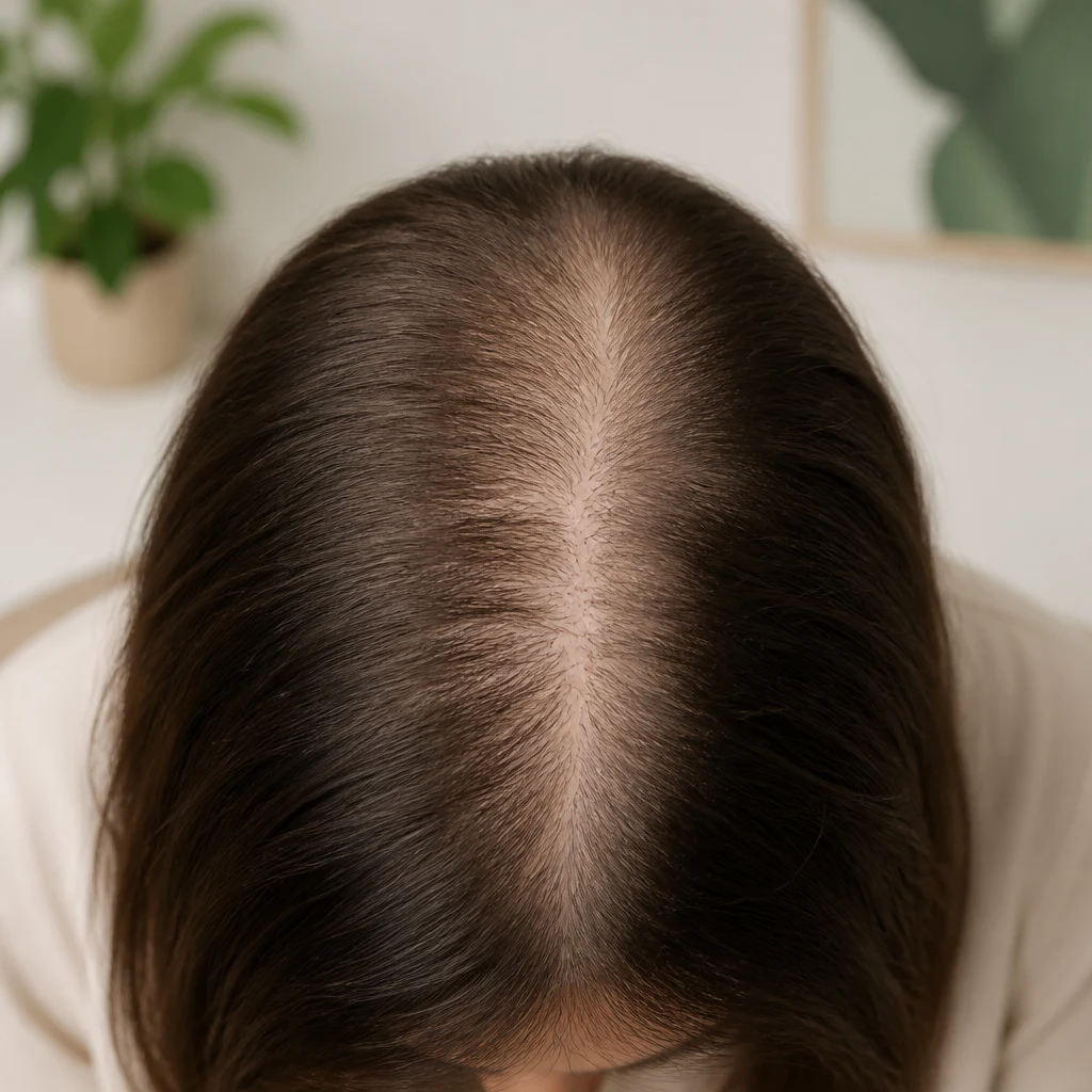 Imagem ilustrativa gerada por IA: couro cabeludo fictício com rarefação centroparietal feminina.