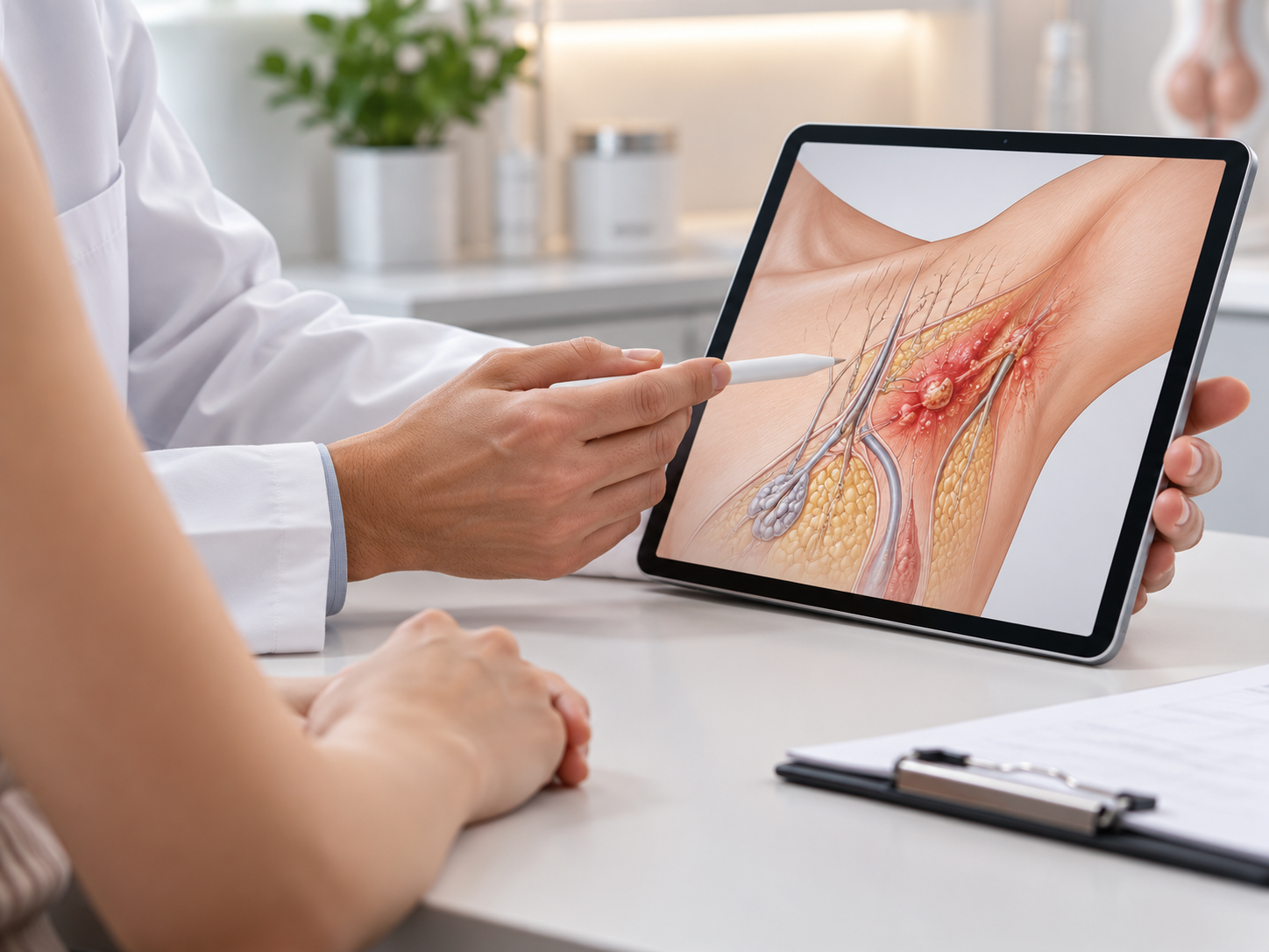 Ilustração de explicação sobre hidradenite com diagrama da pele em um tablet.